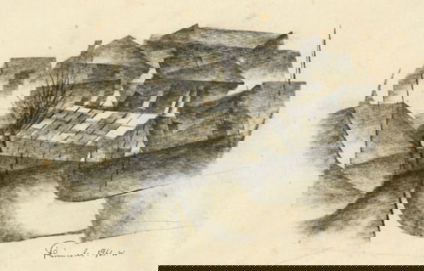 Simcock (Jack) Mow Cop: Simcock (Jack) Mow Cop, charcoal drawing over pencil, 165 x 265mm., signed in ink, lower right, exhibition label of the Piccadilly Gallery on backboard, framed and glazed, 1961.