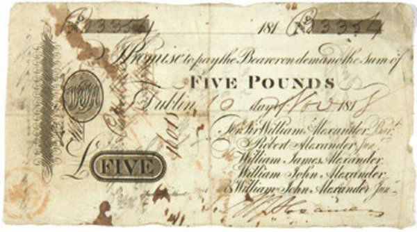 Ireland, Alexanders Bank,: Ireland, Alexanders Bank, Five Pounds 10.November 1818, No. B3354 issued at Dublin for Sir William Alexander, Robert Alexander Jnr, William James Alexander, Wiliam John Alexander and William