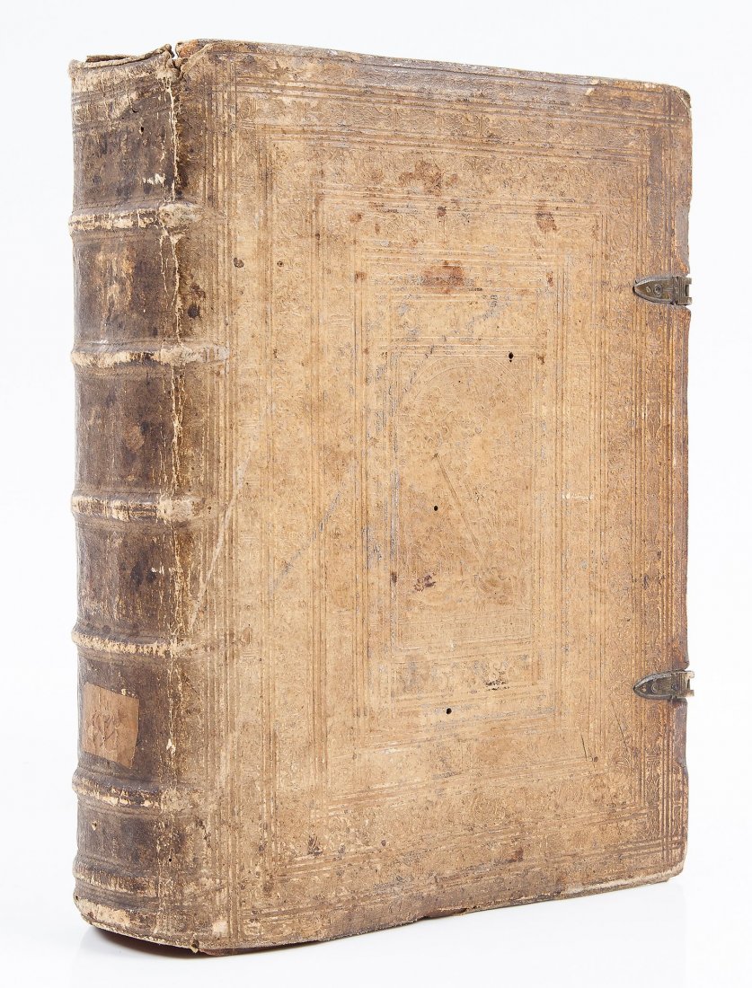 Wigand (Johan) & Matthaeus Richter. - Syntagma, seu: lacks last f, with colophon, device on title, decorative initials, double column, some worming at start, few marginal tears, name on title, partly cut out, spotting and marking, numbers on pastedown, 