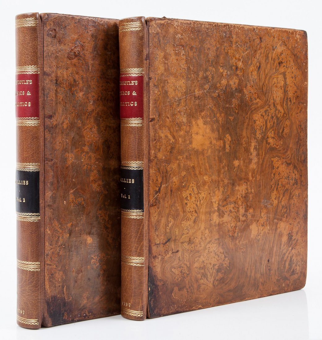 Aristotle. - ...Ethics and Politics, comprising his: edited by John Gillies, 2 vol., half-titles, some light foxing, ink name on titles, contemporary tree calf, rebacked in later calf, 4to, for A.Strahan [ ] , 1797.