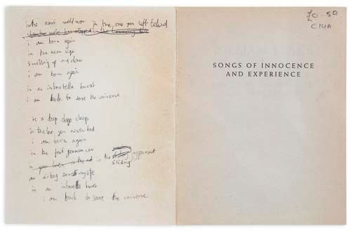 YORKE, (THOM) - Complete handwritten draft of the: Complete handwritten draft of the lyrics to Airbag from Radiohead s seminal album OK, Computer written by Thom Yorke on inside cover of a copy of William Blake s Songs of Innocence and Experience once
