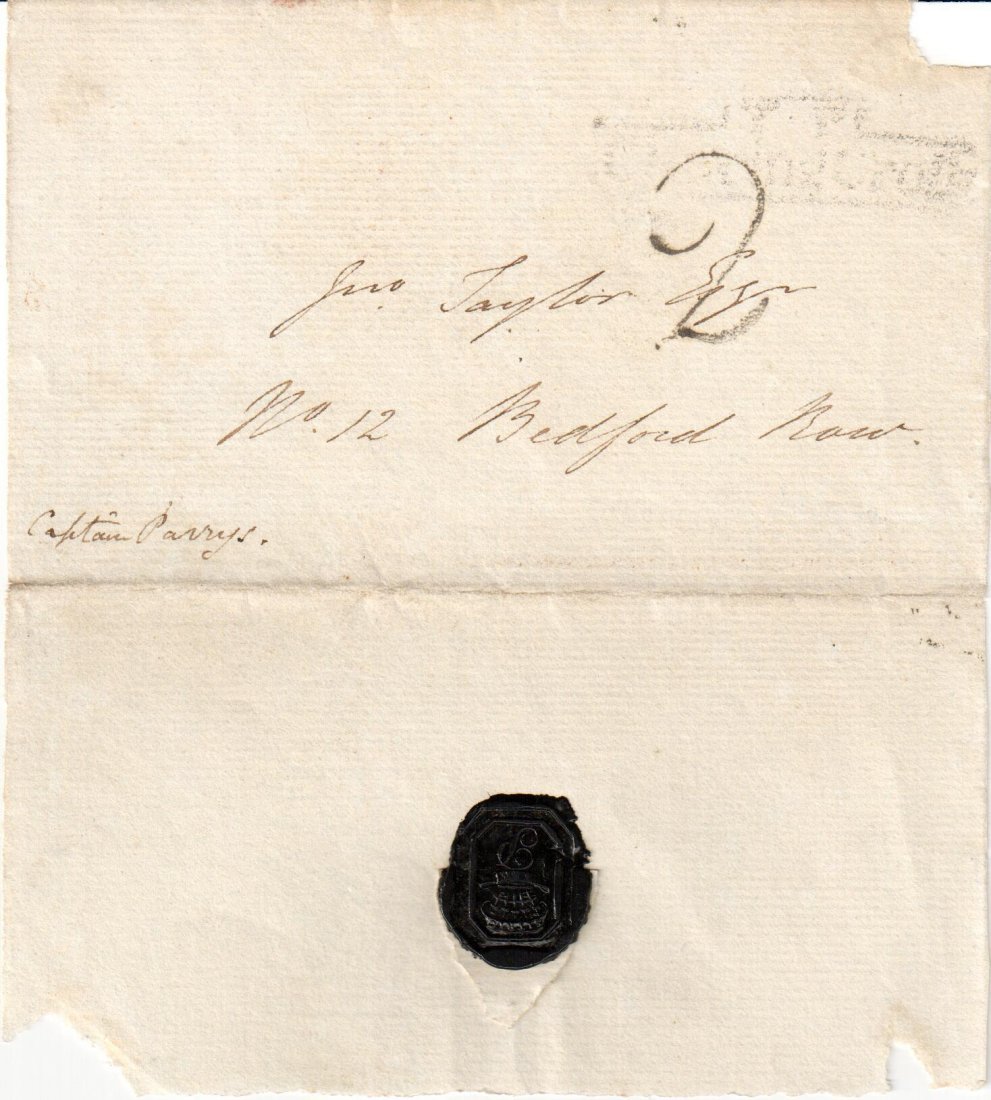 PARRY, WILLIAM EDWARD - Folded leaf with adress written: Folded leaf with adress written in William Parry's hand reading "John Taylor Esq, No. 12 Bedford Row", Parry's black wax seal almost intact, some losses to margins . Also included is an engraved portr