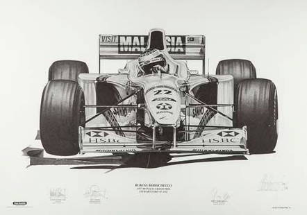 BARRICHELLO, RUBENS - ALAN STAMMERS - Rubens: Rubens Barrichello, Limited Edition Print, numbered 153/ 750, signed by Jackie Stewart, Paul Stewart, Rubens Barrichello and Alan Stammers, mounted, framed and glazed , 1997.