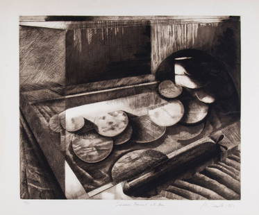 Michael Sandle (b.1936) - Submarine Monument with Discs: etching with aquatint, 1976, signed titled and dated in pencil, numbered 49/75, together with six etchings by different hands, each on wove paper, with full margins, overall size 670 x 750 mm (26 3/8