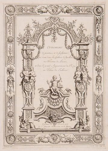 Bérain (Jean) - Ornemens de peinture et de: fine engraved pictorial title by Scotin after Berain, 11 plates by Jean Berain 13 plates by Chauveau and 4 plates by Lemoine, engravings, each c.350 x 250mm., all trimmed on the platemark and all but