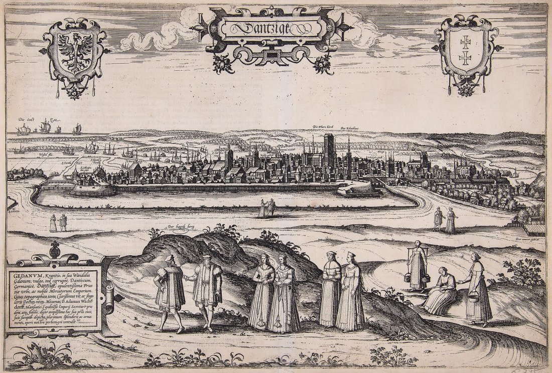 Braun (Georg) and Franz Hogenberg. - Dantzigt,: bird s-eye plan/view of Gdansk in Poland, with strapwork title and armorial cartouches above, strapwork text panel lower left, costume figures in the middle and foreground, engraved plan, 330 x 480mm.