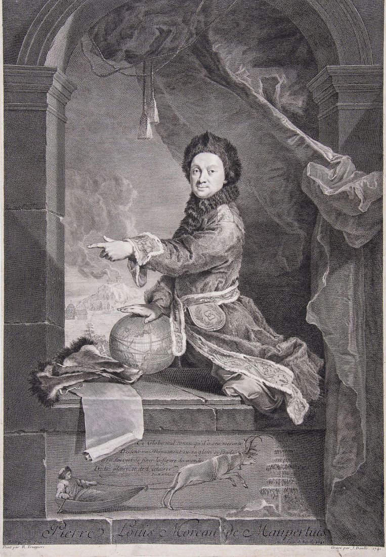 Daullé (Jean) - Pierre Louis Moreau de Maupertuis,: half length portrait after Robert Levrac-Tournières, of the mathematician and philospher, one hand resting on a globe, the surrounding imagery commemorating his expedition to Lapland, engraving,