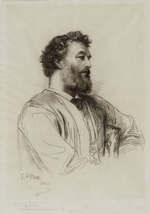 Paul Adolphe Rajon (1843-1888) - Portrait of Frederic: etching with drypoint after George Frederic Watts, proof before title, printed on vellum-type paper, signed in pencil by both Lord Leighton and Rajon, lower left and right, respectively, 1880, by the