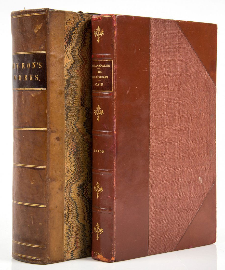 Byron (George Gordon, - Lord ) Sardanapalus , first: Lord ) Sardanapalus , first edition , second state, scattered light foxing, bookplate to front pastedown, later half calf, 1821; The Works of Lord Byron, portrait frontispiece, folding facsimile of a