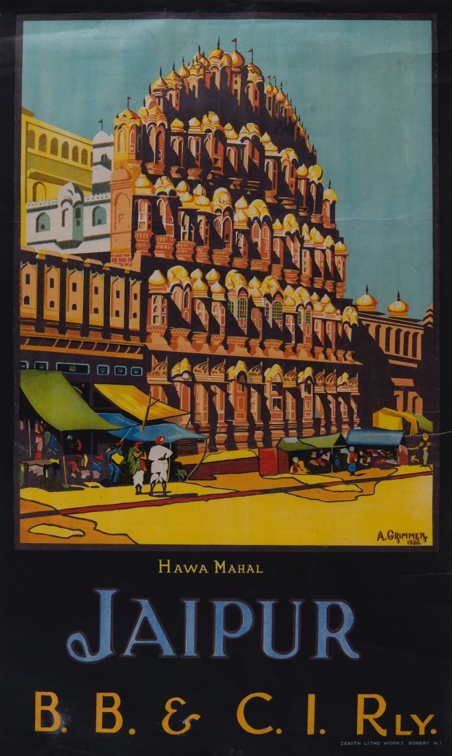 GRIMMER, A - JAIPUR, Hawa Mahal, B.B.& C.I.Rly: lithographic poster in colours, printed by Zenith, Bombay, cond.B+, not backed 39 x 23ins. (99 x 59cm.)