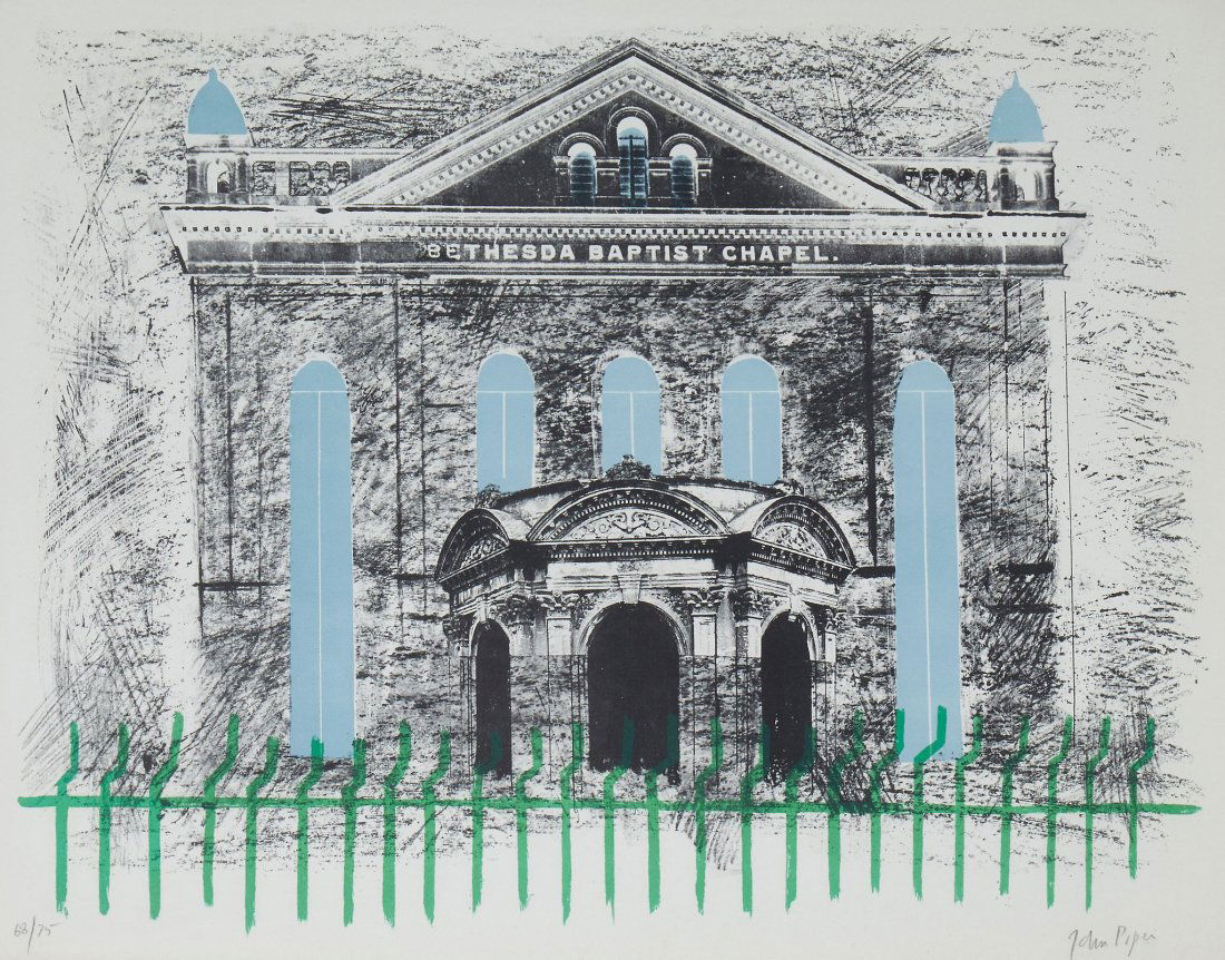 John Piper (1903-1992) - Bethesda Baptist Chapel: lithograph printed in colours, 1966, signed in pencil, numbered 68/75, printed by Curwen Studio, Chilford, published by Marlborough Fine Art, London, on wove paper, with full margins, 510 x 680 mm (20