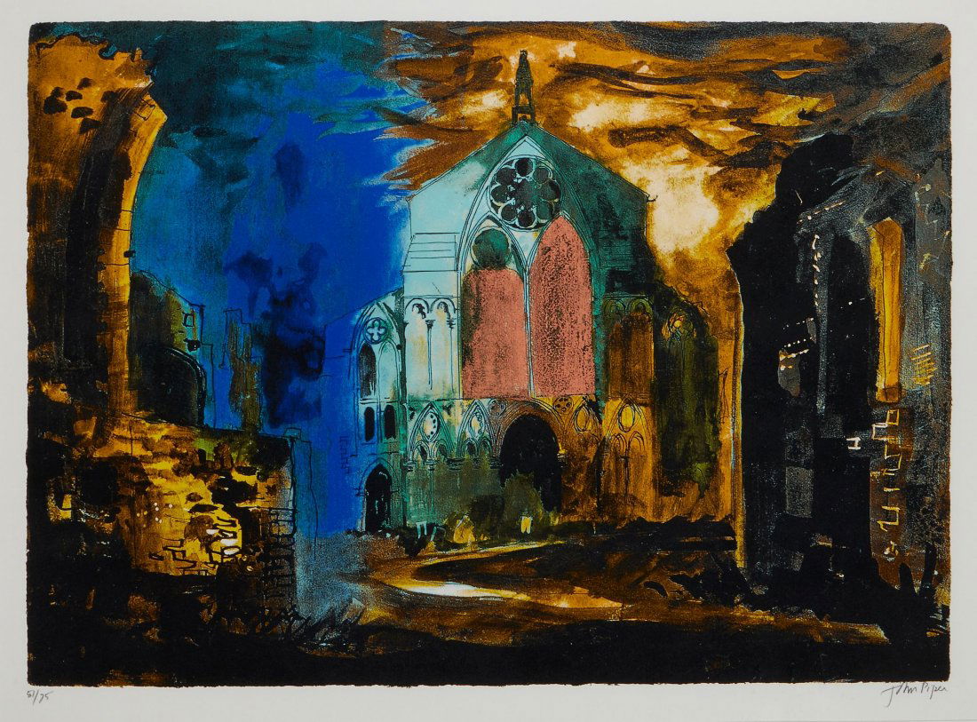 John Piper (1903-1992) - Binham Abbey (L.318): lithograph printed in colours, 1981, signed in pencil, numbered 51/75, printed by Kelpra Studio, London, published by Marlborough Fine Art, on Arches paper, with full margins, 540 x 770 mm (21 1/4 x 3