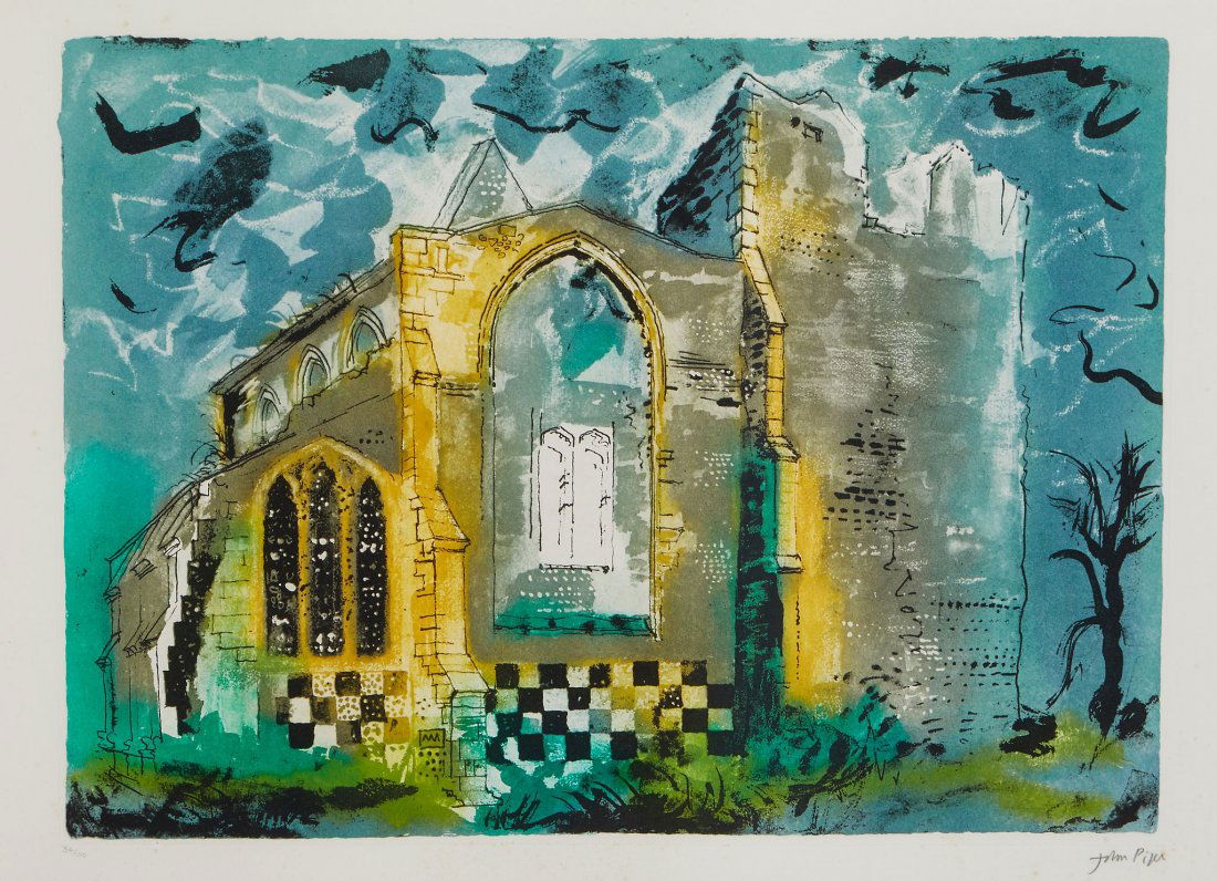 John Piper (1903-1992) - Little Cressingham, Norfolk: etching with aquatint printed in colours, 1984, signed in pencil, numbered 34/100, printed by Kelpra Studio, London, published by CCA Galleries, London, on Arches paper, with full margins, 460 x 630 m