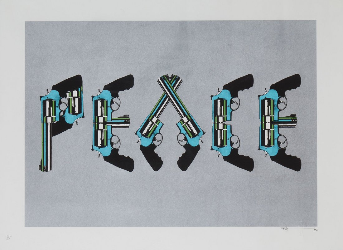 Paul Insect (b.1971) - Peace Guns on Silver: screenprint in colours, 2007, signed and dated in pencil, numbered 60/100, with the Pictures on Walls blindstamp, on Arches paper, with full margins, sheet 575 x 770 mm (22 5/8 x 30 1/4 in) IMPORTANT: