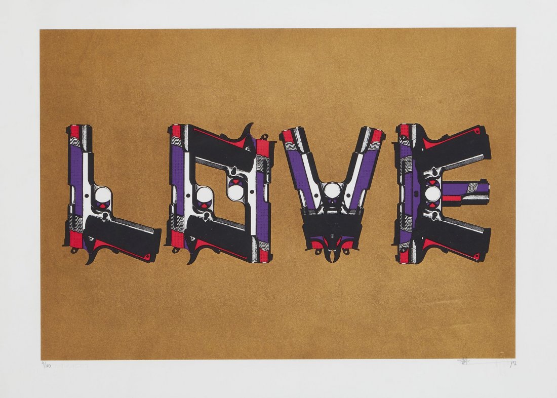Paul Insect (b.1971) - Love Guns on Gold: screenprint in colours, 2007, signed and dated in pencil, numbered 4/100, on Arches paper, with full margins, sheet 580 x 767 mm (22 7/8 x 30 1/4 in) IMPORTANT: This lot is sold subject to Artists Res