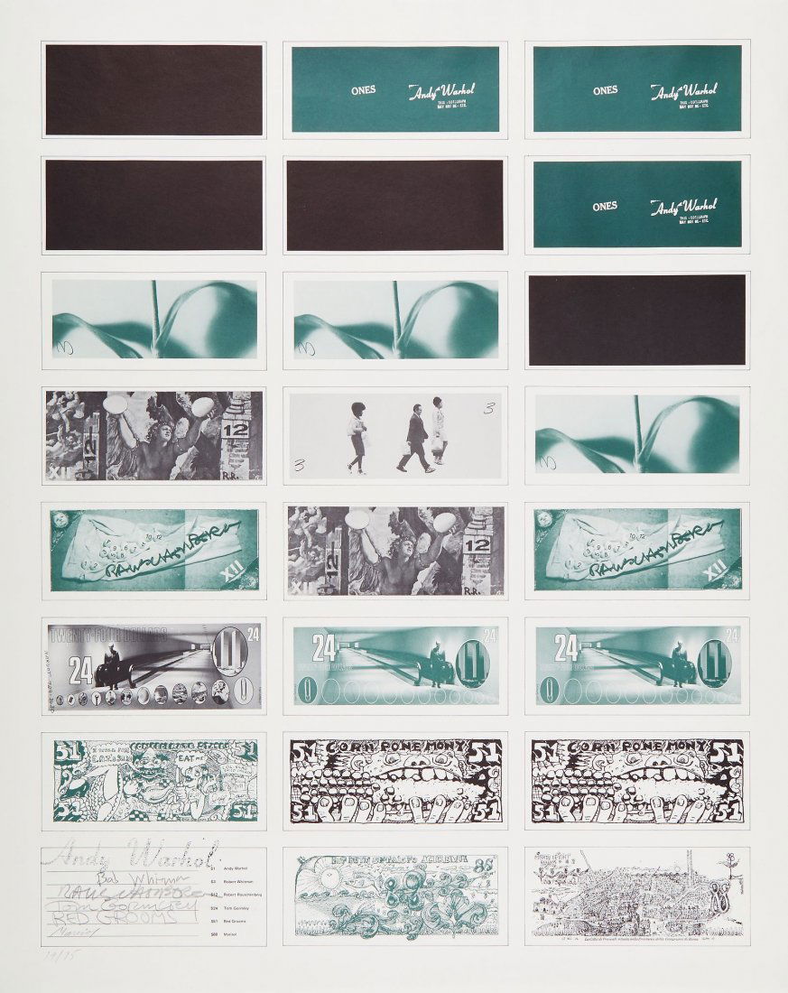 Andy Warhol (1928-1987) - Art Cash: the complete set of three lithographed sheets, one printed both sides, 1971, stamp signed by Andy Warhol, signed by Robert Whitman, Robert Rauschenberg, Tom Gormley, Red Grooms and Marisol in pencil,