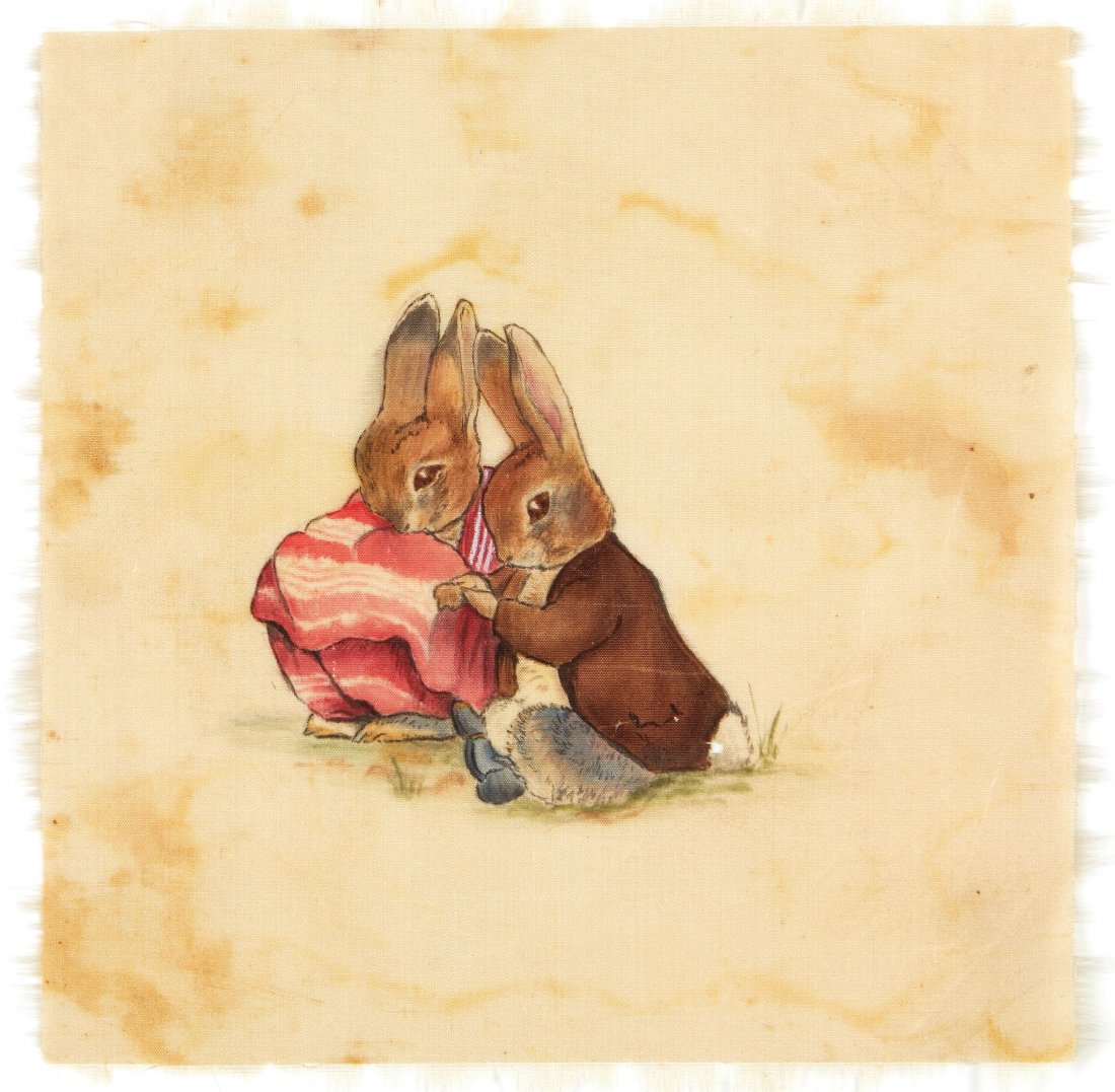 [?Potter (Beatrix)] - Watercolour on silk depicting: seated and holding handkerchief, 140 x 140 mm., fraying at edges, some browning , n.d. "Anne Hobbes of V states that many Edwardian ladies painted as a fashion on silk squares, and no doubt many copie