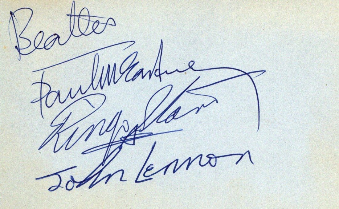 AUTOGRAPH ALBUM - INCL. PAUL MCCARTNEY,RINGO STARR -: Autograph album with signatures by Paul McCartney, Ringo Starr (on the same page and together with a facsimile of John Lennon's signature), Don Charles, the Polka Dots, Beryl Reid and others, a few lo