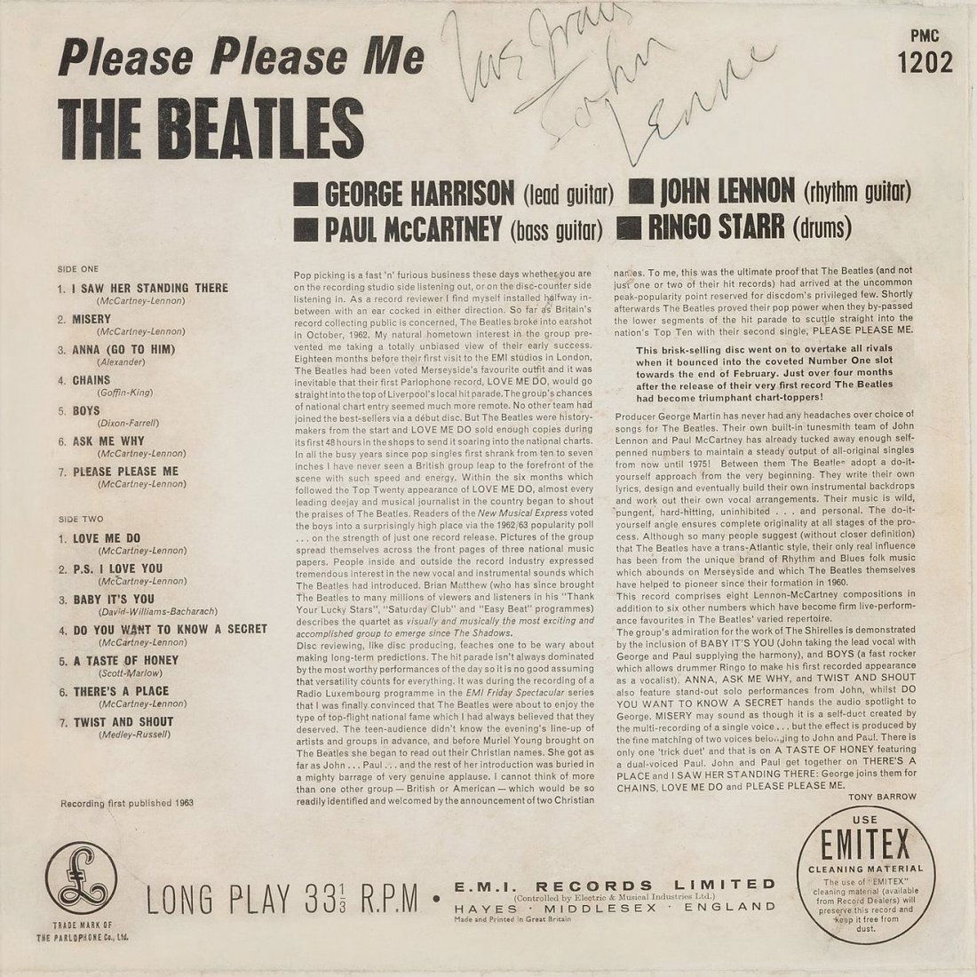 LENNON, JOHN - Back cover of the 1963 Beatles first LP: Back cover of the 1963 Beatles first LP release on Parlophone Records 'Please Please Me', signed "Love from John Lennon" on top margin, some age wearing , mounted together with a colour photograph of