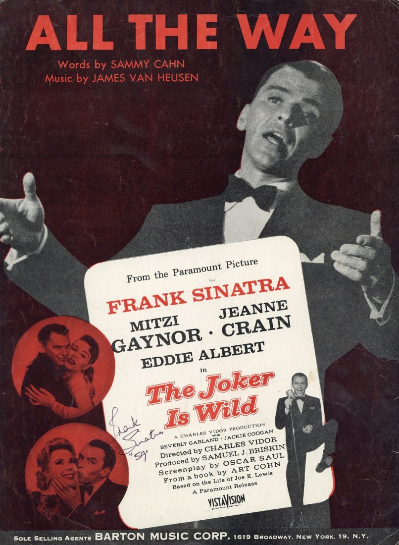 SINATRA, FRANK - Page of the music score for "All The: Page of the music score for "All The Way" from the movie "The Joker", signed "Frank Sinatra 59" in black ink, wear to margins and corners, 30.2 x 22.5cm , 1959. Plus another item (2)