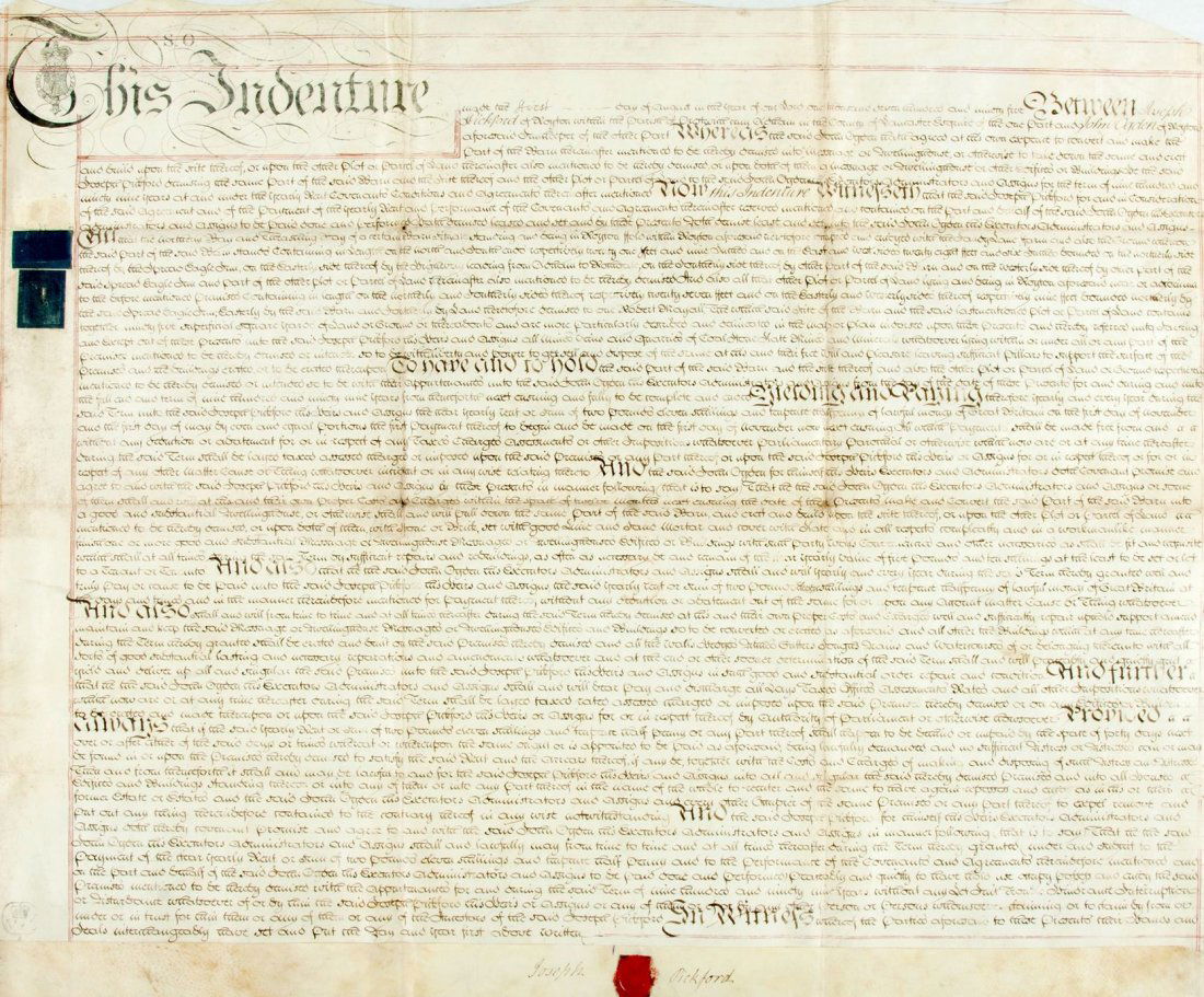 INDENTURE OF LEASE - REIGN OF GEORGE III - Indenture of: Indenture of Lease between Joseph Pickford and John Ogden for a term of 999 years, signed and sealed by Pickford, with John Taylor and Thomas Forster as witnesses, single vellum leaf, docketed on vers