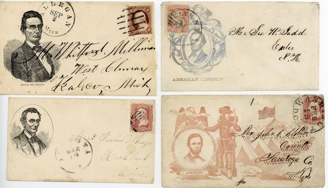 LINCOLN,ABRAHAM - AMERICAN CIVIL WAR - Group of four: Group of four extremely rare Abraham Lincoln Illustrated postal covers. Includes: a promotional cover for the 1860 Presidential Campaign with portrait of Lincoln accompanied by the slogan "Honest Abe 