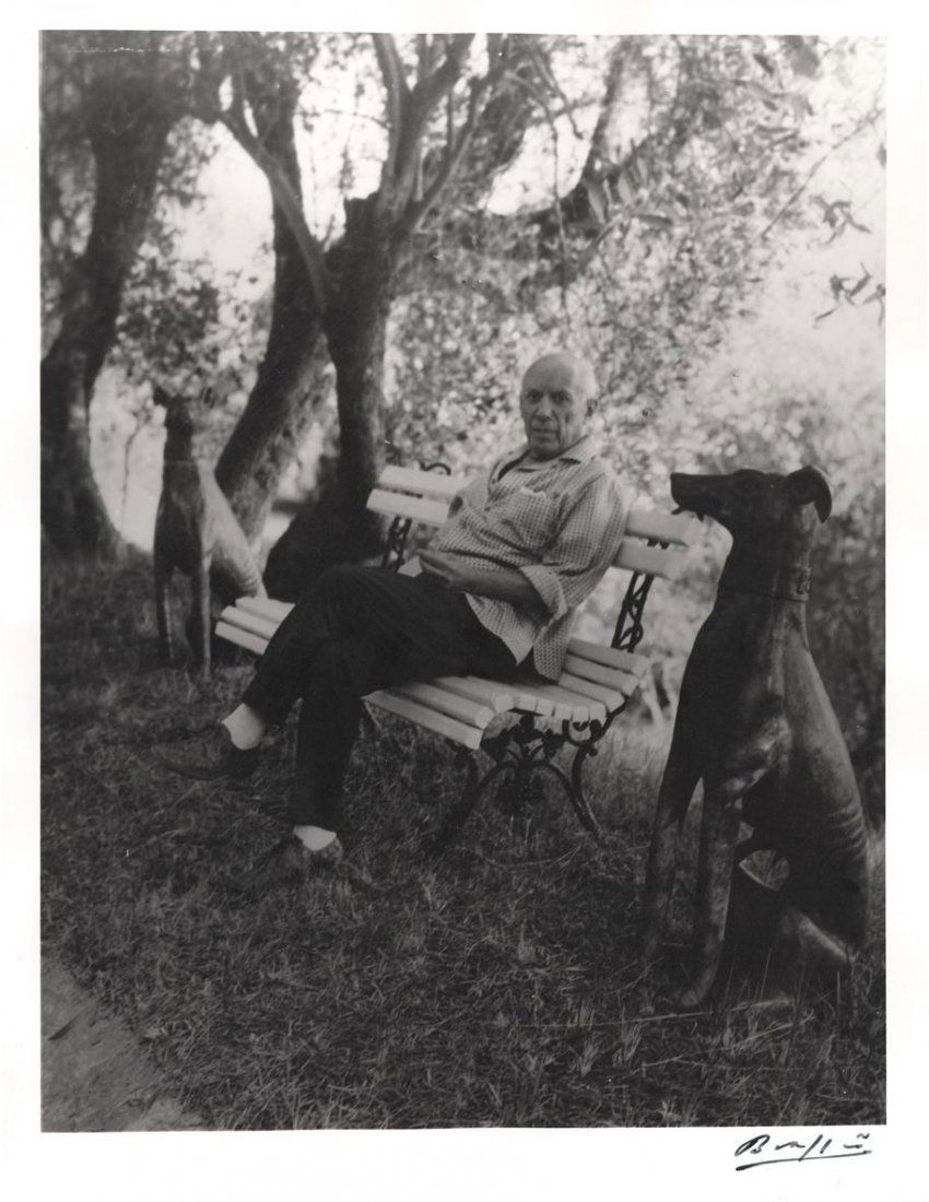 Brassai - Full length, black and white photograph by: Full length, black and white photograph by Brassai of Picasso seated outdoors between two dog statues, signed by the photographer ('Brassai') in black ink across the lower white margin, gelatine silve