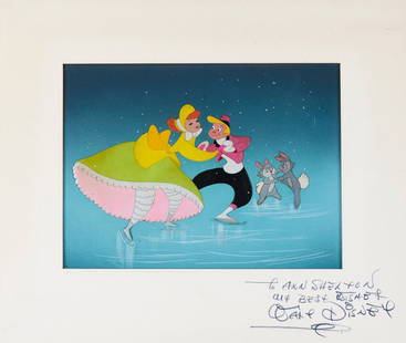 Disney, Walt - Original gouache on celluloid drawing: Original gouache on celluloid drawing with the original cel in the background, signed and inscribed "To Ann Shelton, All Best Wishes, Walt Disney" in pencil on mount, mounted, framed and glazed,