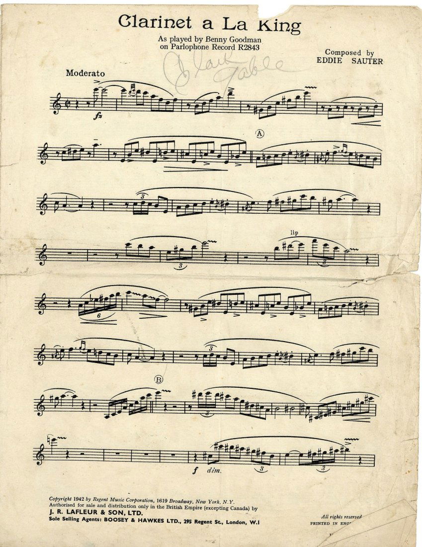 Gable, Clark - 'Clarinet a La King' music score signed (1 of 1)