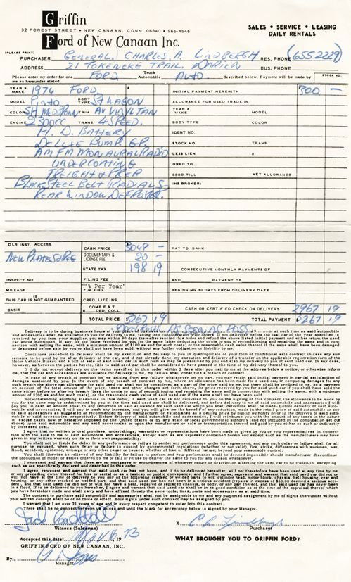 Lindbergh, Charles - Signed contract by Charles (1 of 1)