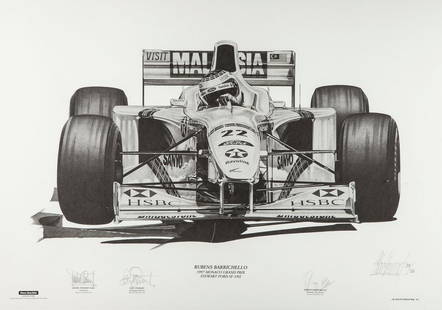 Barrichello, Rubens - Rubens Barrichello, Limited: Rubens Barrichello, Limited Edition Print, numbered 153/750, signed by Jackie Stewart, Paul Stewart, Rubens Barrichello and Alan Stammers, mounted, framed and glazed , 1997.