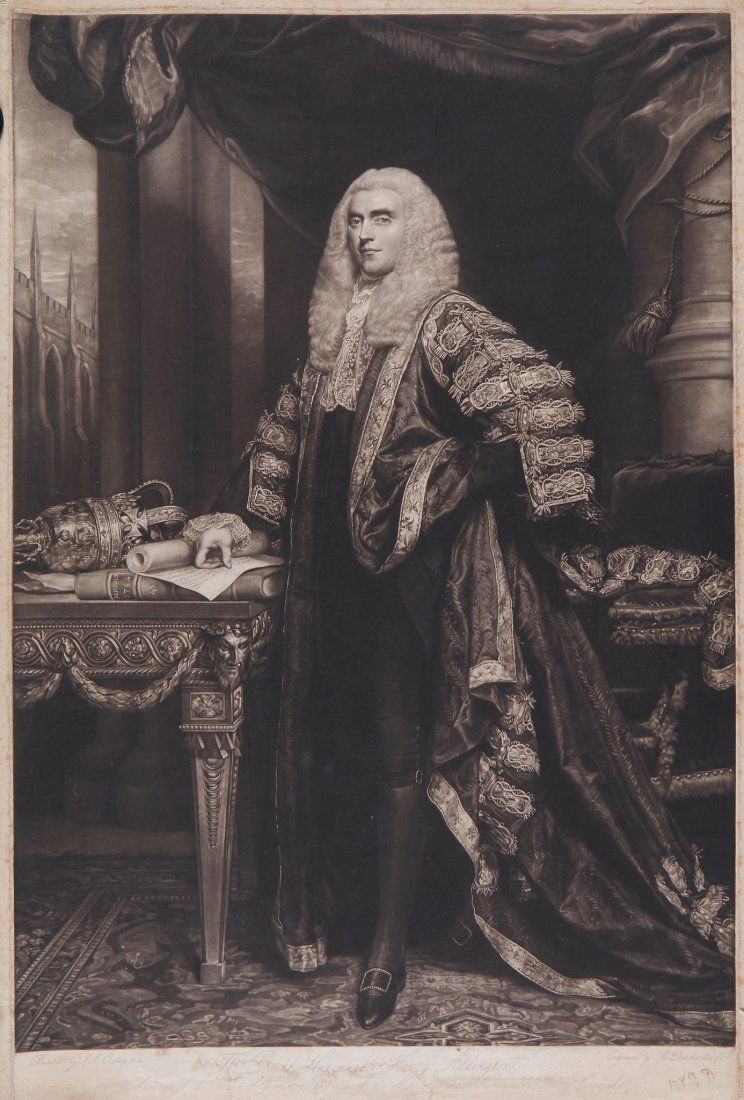 Dunkerton (R.) - The Right Honourable Henry Addington,: full-length portrait after John Singleton Copley, R.A., mezzotint, 700 x 465mm., some marginal spotting and browning, by the artist, 1799; with 4 other portraits of gentlemen, by or after Reynolds, Lu