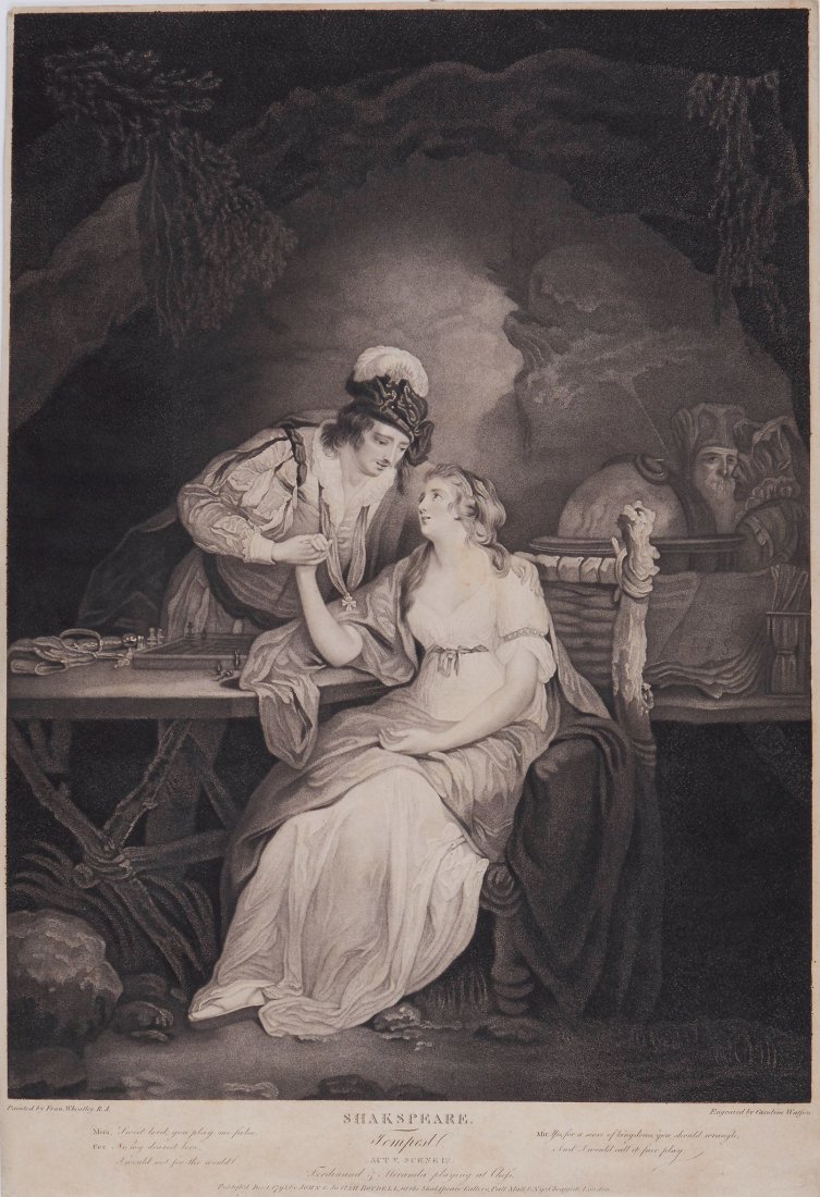 Watson (Caroline) - Shakespeare, Tempest, Act V, Scene: after Francis Wheatley R.A., depicting Ferdinand and Miranda playing chess, stipple-engraving, 545 x 375mm., a good impression, trimmed on the platemark, slight browning and surface dirt, John and Jos