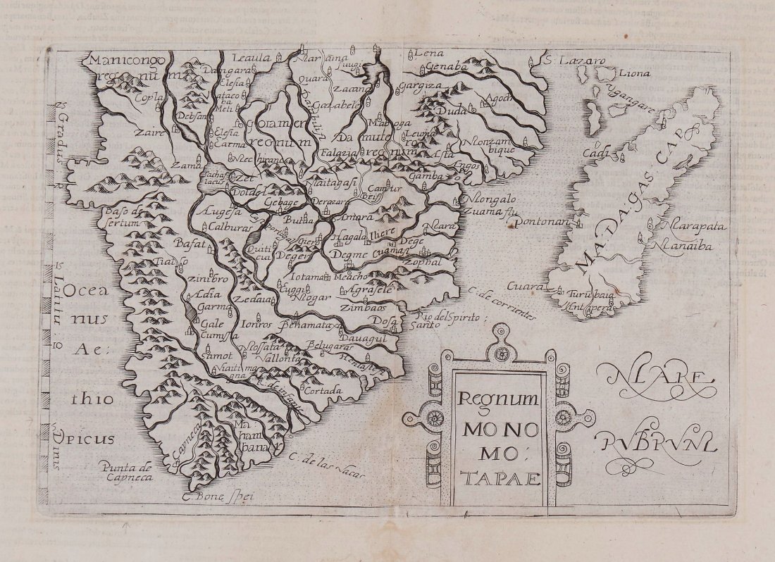 Metellus (Johannes) - Regnum Monomotapae,: early map of Southern Africa and Madagascar, strapwork title cartouche below, from Botero's Theatrum Principum Orbis Universi, engraved map, 15 x 230mm., Latin text verso, full margins, central vertic