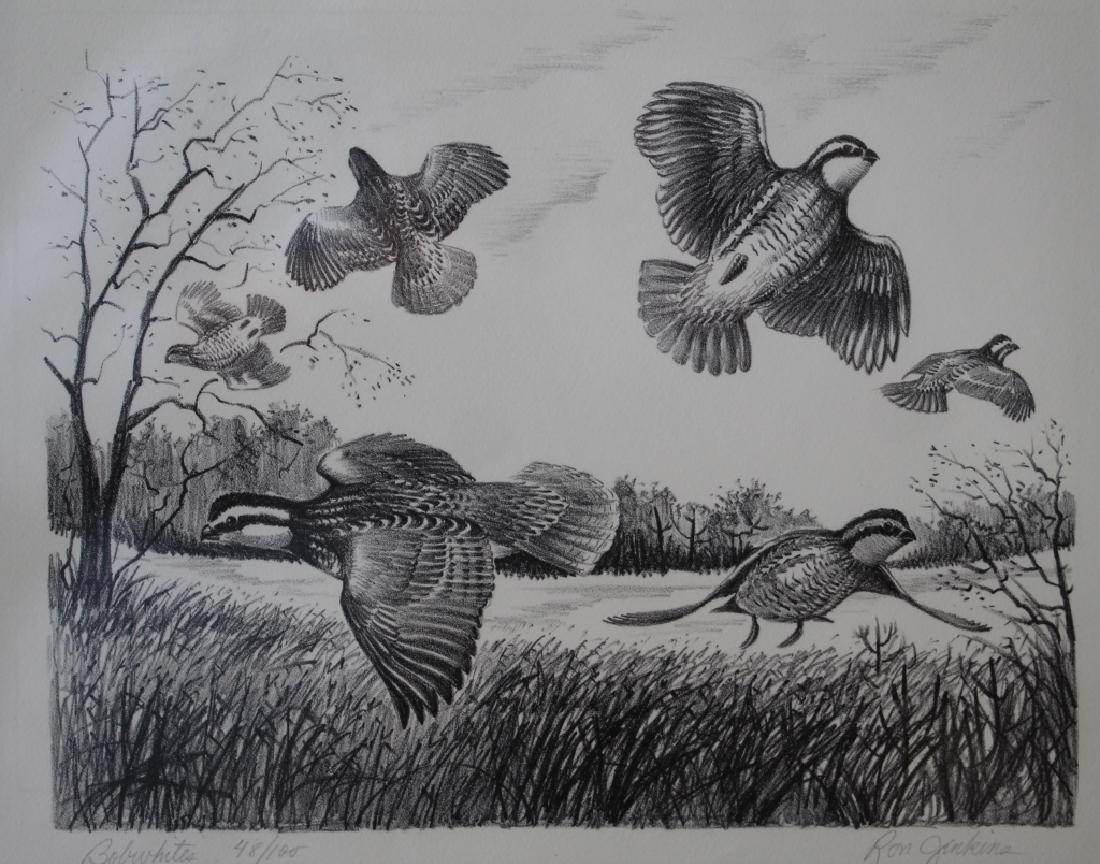 Signed & Numbered Ron Jenkins Bob White Print: This lot features a lovely signed and numbered print titled, "Bob Whites" by Ron Jenkins. Jenkins was born in August of 1932 in Pawtucket, RI and raised in Carlisle, PA. He attended the Pennsylvania M