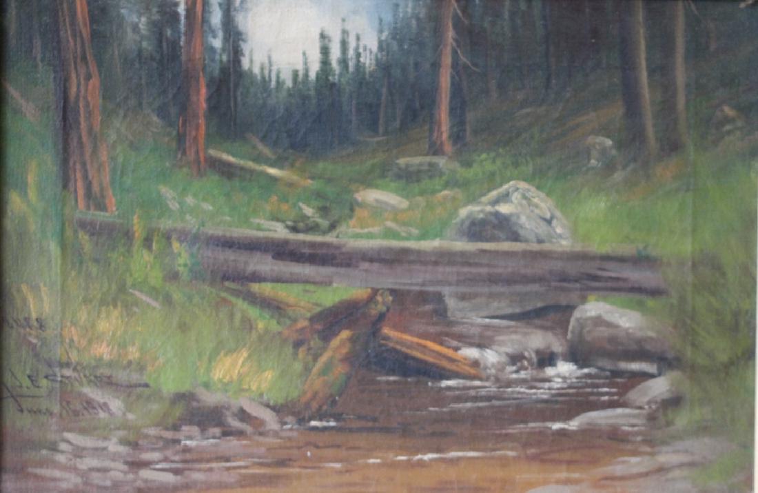 1918 James Everett Stuart Forest Landscape: This lot features an oil on canvas painting by American artist James Everett Stuart (1852 - 1941). Born in Bangor, Maine, James Everett Stuart became known for his panoramic landscapes throughout Nort