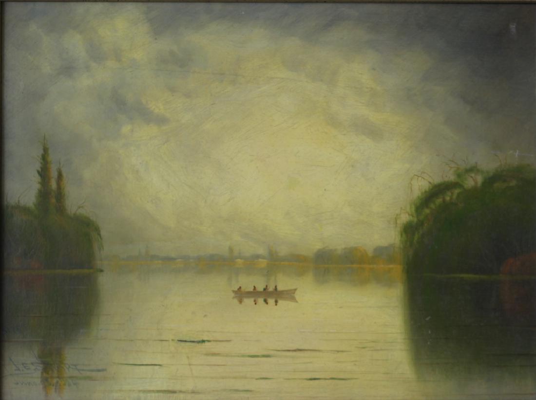 1924 James Everett Stuart Sacramento River: This lot features an oil on board painting by American artist James Everett Stuart (1852 - 1941). Born in Bangor, Maine, James Everett Stuart became known for his panoramic landscapes throughout North