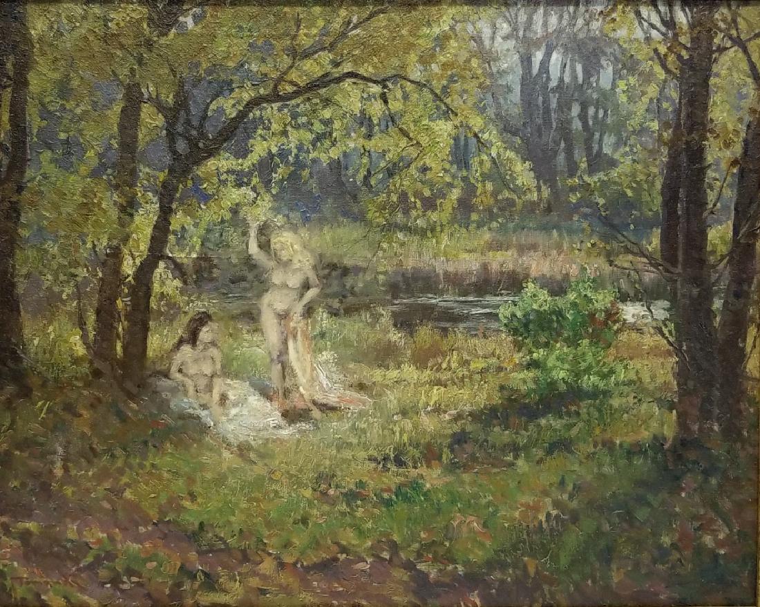 Joseph Tomanek Nudes in Woodland Scene O/C: This lot features an original oil on canvas Nude painting by Joseph Tomanek (American 1889 - 1974). Joseph Tomanek was born on April 16, 1889 in Straznice,Czechoslovakia and died December 31, 1974 in