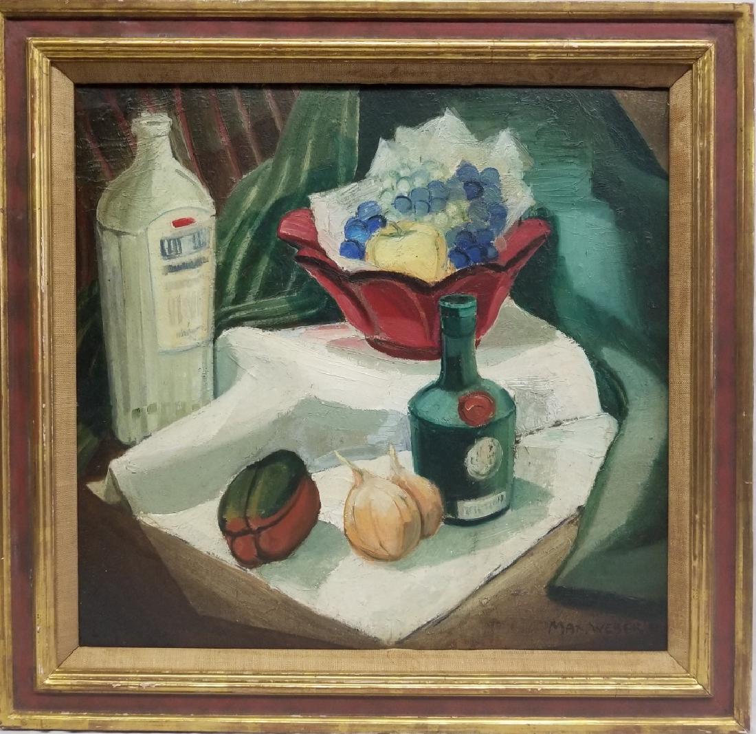 1941 Max Weber O/B Still-life: This lot features an original 1941 oil on board still-life painting by Max Weber (Jewish-American 1881 - 1961). Weber was one of the first American Cubist painters who, in later life, turned to more f