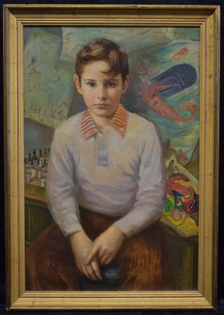 1959 Irwin D. Hoffman Portrait of a Boy O/C: This lot features an original oil on canvas portrait of a boy (Michael) by Irwin D. Hoffman (American 1901 - 1989). The boy's name, Michael, is written in pencil on the canvas stretcher. Signed "Irwin