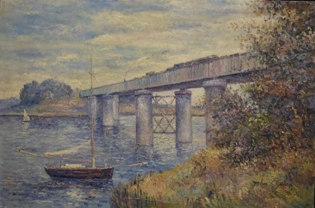 John Clymer River Landscape w/ a Bridge O/C: This lot features an oil on canvas river landscape with a railroad bridge by John Ford Clymer (American, 1907 - 1989). Clymer was an American painter and illustrator known for his work that captured n