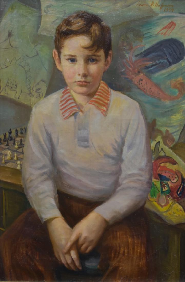 1959 Irwin D. Hoffman Portrait of a Boy O/C: This lot features an original oil on canvas portrait of a boy (Michael) by Irwin D. Hoffman (American 1901 - 1989). The boy's name, Michael, is written in pencil on the canvas stretcher. Signed "Irwin