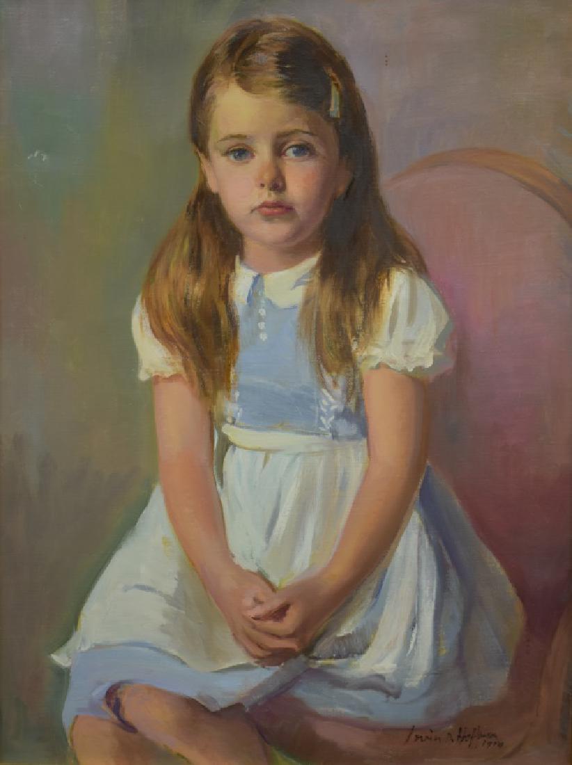 1958 Irwin D. Hoffman Portrait of a Girl O/C: This lot features an original oil on canvas portrait of a girl by Irwin D. Hoffman (American 1901 - 1989). Signed "Irwin D. Hoffman 1958" lower right register. Framed, measures 26.75" x 20.75". Proven