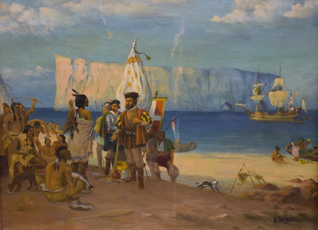 Earl E. Collins Jacques Cartier Landing: This lot features an oil on canvas painting by marine artist Earl E. Collins (American, 1925-1992) . Scene depicting Jacques Cartier landing near Percé Rock, Canada while trading with the local India