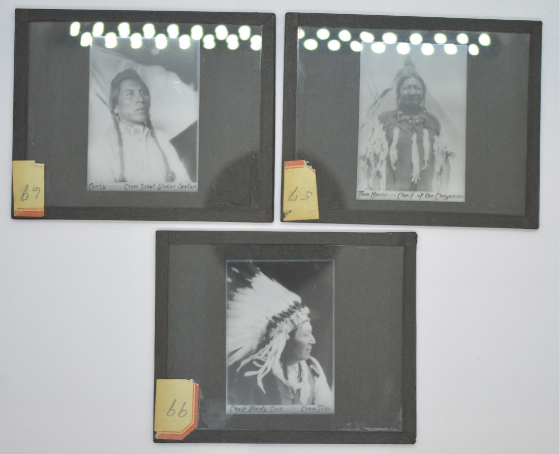 Late 19th c. Native American Magic Lantern Slides: This lot features three antique ca. 1870 - 1890's magic lantern glass projector slides with portrait photographs of notable Native Americans. Included in this group is "Curly - Crow Scout Under Custer