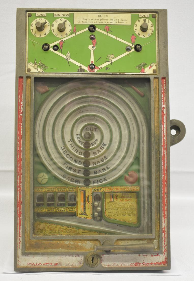 Miniature Baseball World Champions Trade Stimulatr: This lot features a 1930's miniature baseball world champions trade stimulator tabletop 1¢ pinball game.Peo ‘Miniature Baseball World Champions’ 1 cent tabletop ball game trade stimulator was man