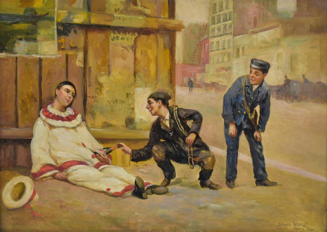 Bernard Trebacz Street Scene w/ Clown O/B: Oil on board. Measures 10.75" x 14.75", framed 16.5" x 20.5". Signed "Bernard Trebacz/ Paris 1906" lower right register. This piece comes from the Dickenson Estate of Knoxville, Tennessee. See Photos 