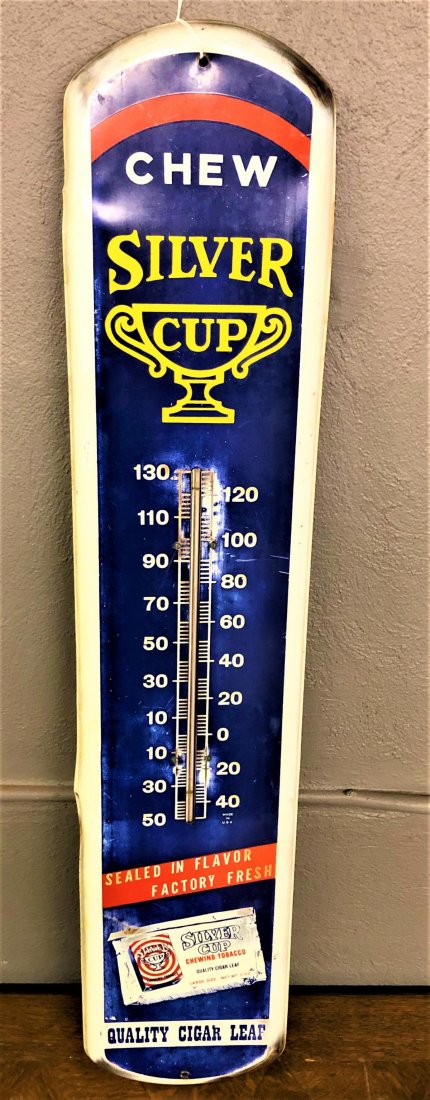 Original Chew Silver Cup Tobacco Thermometer: Awesome original Silver cup thermometer. Measures: 8"W x 38.5"L. See Photos for Details. Shipping Available.