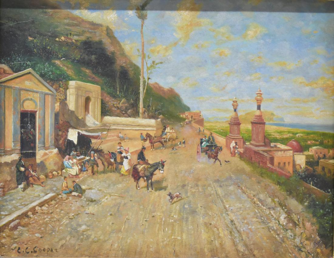 C.C. Cooper Marketplace Scene O/B: Oil on board. Measures 8" x 10", framed 16.5" x 18.5". Signed "C.C. Copper" lower left register. This piece comes from the Dickenson Estate of Knoxville, Tennessee. See Photos for Details. Shipping Av
