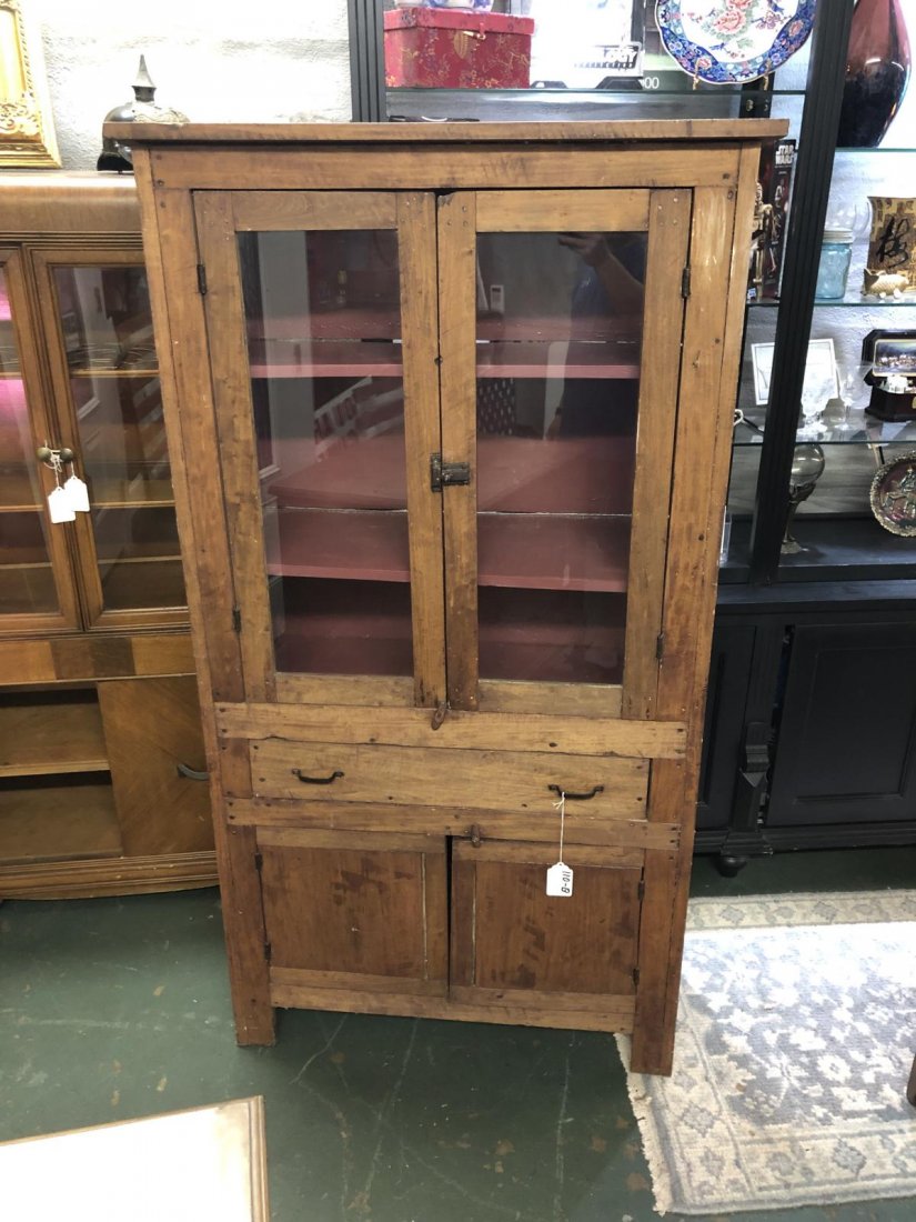 Primitive Farmhouse Flat Wall Cupboard: Likely made on the farm in East TN. Has square nails, 5 board back with the classic rat hole drawer. Measures: 34"W x 14"D x 67"T. See Photos for Details.